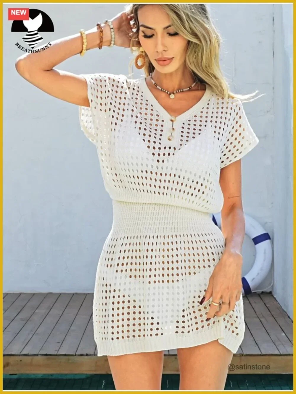 Women Crochet Mesh Beach Cover Up Mini Dress V Neck Cap Sleeve
